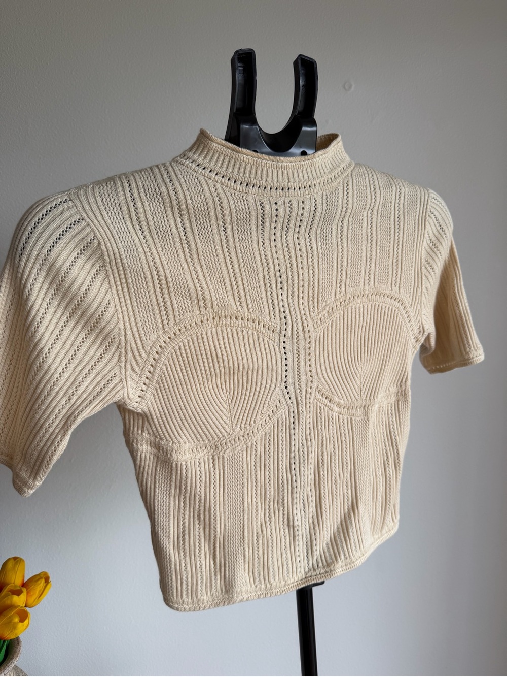 Cream Knit Short-Sleeve Mock Neck Top